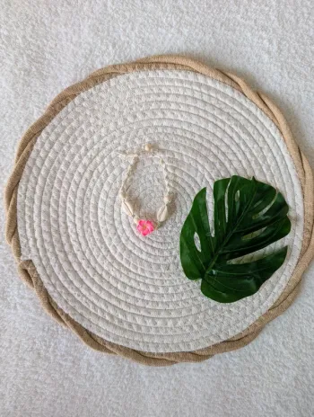 🌺 Bracelet coquillages – fleur tropicale & perles bois