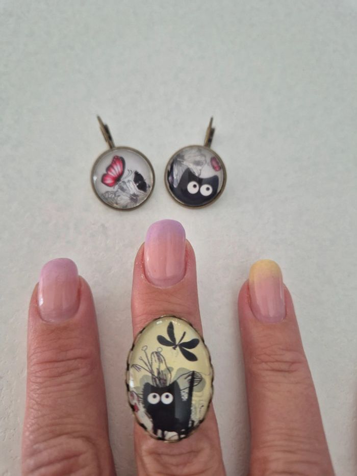 Boucles oreille et bague chat - photo numéro 2
