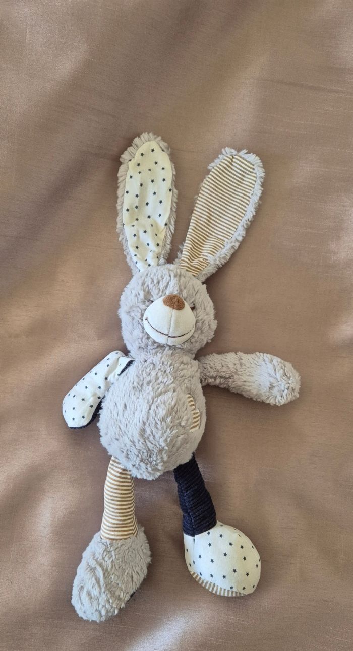 Doudou lapin gris bleu blanc beige rayé étoiles TAO TAPE A L'OEIL - photo numéro 2