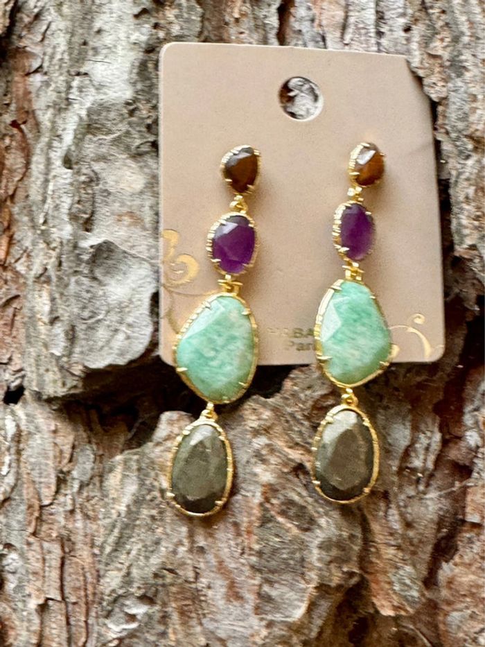 Grande boucles d’oreilles habaha Paris jade  obsidienne améthyste œil de tigre - photo numéro 3