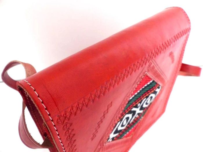 Sac bandoulière NEUF cuir pleine fleur tannage naturel rouge & laine Kilim Besace Ethnique - photo numéro 8