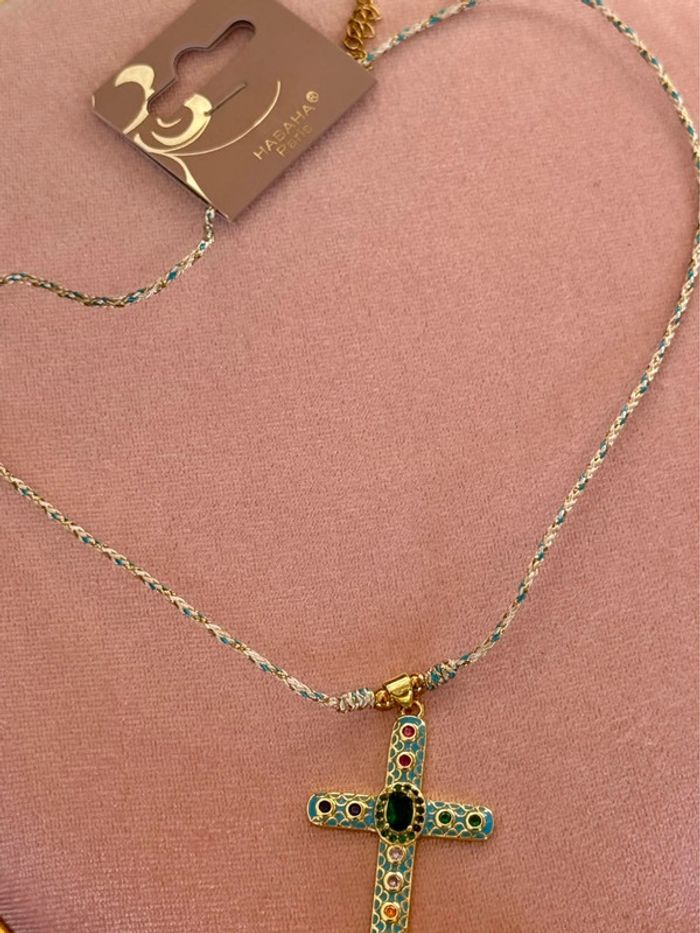 Collier cordons tressé croix xl acier inoxydable or résine turquoise cristaux habaha Paris - photo numéro 7