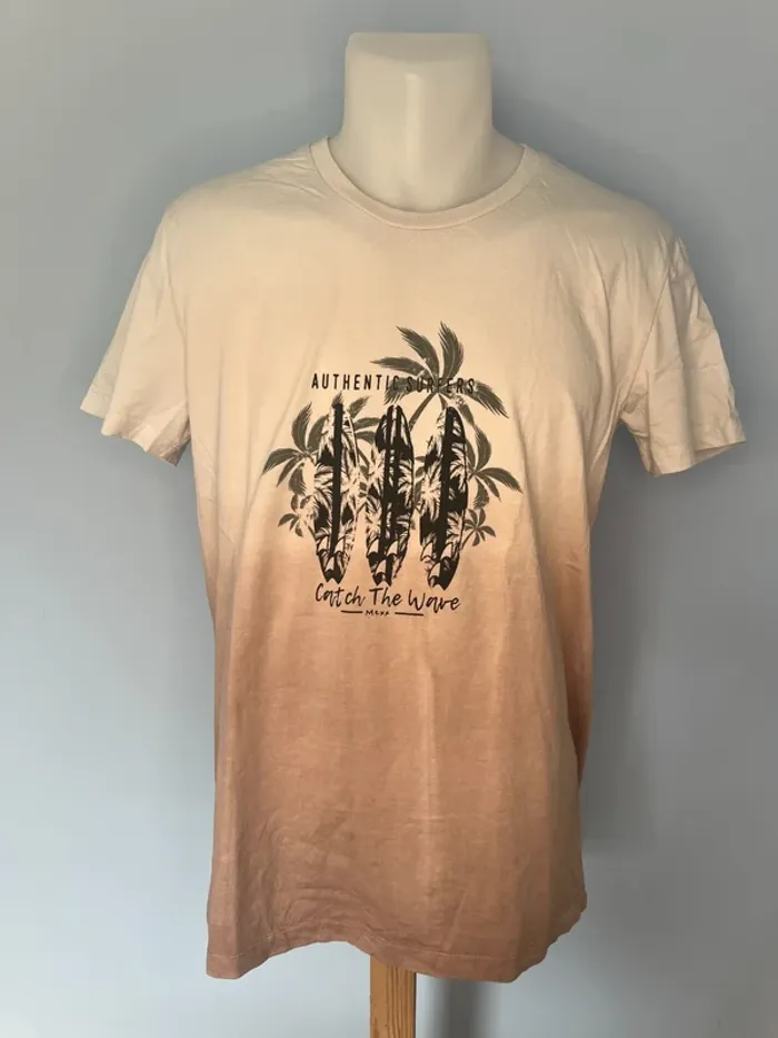 🌅 T-shirt manches courtes MEXX dégradé blanc/vieux rose – Taille M, imprimé surf tendance