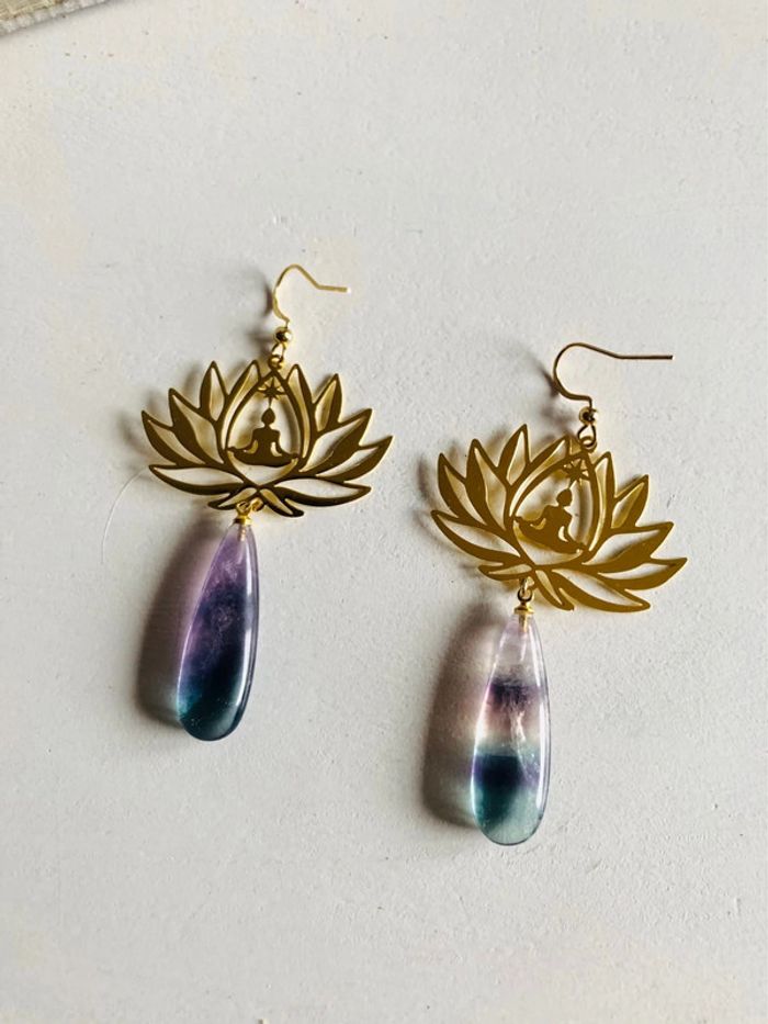 🪷Boucles d’oreilles lotus yoga méditation fluorite spiritual natural stone earrings🪷 - photo numéro 7