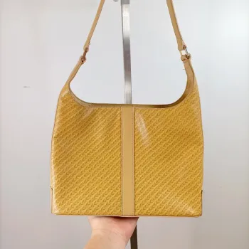 Sac épaule vintage jaune moutarde chic cuir et textile 21x30 cm tendance rétro S043