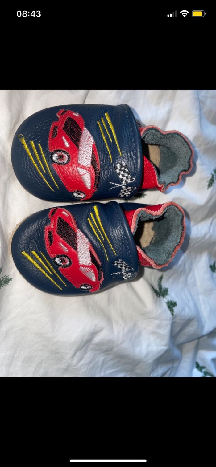 Chaussons cuir bébé 0-6mois 18-19 rose et chocolat bleu voiture - photo numéro 2