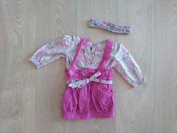 Ensemble fille robe fuschia , blouse et bandeau TAO 9 mois
