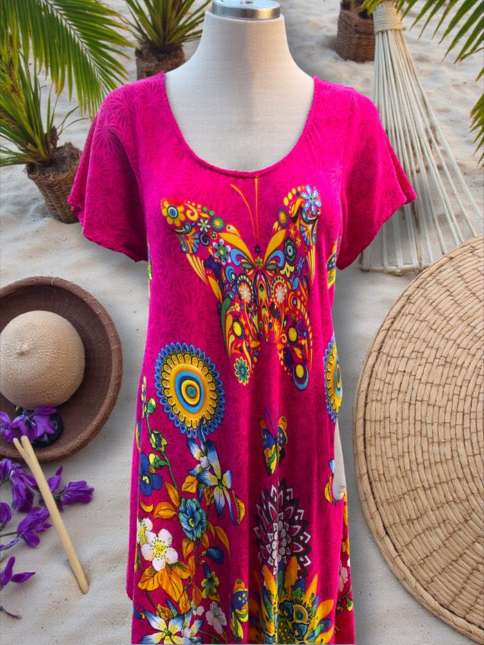 ROBE DE PLAGE FEMME ASYMÉTRIQUE TEINTES LUMINEUSES & MOTIF FLEURS ET PAPILLONS L - photo numéro 5