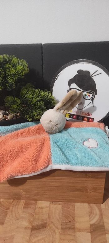 Doudou plat lapin bleu orange coeur baby nat carré damier beige blanc Rose Gum