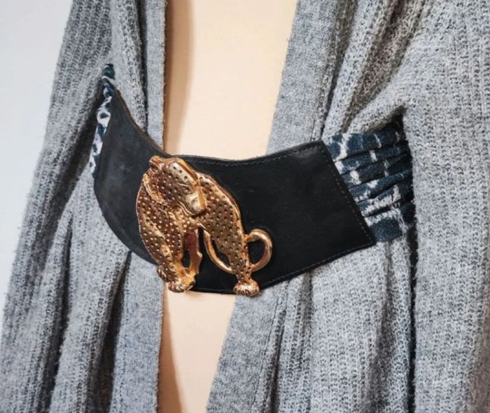 💎grosse ceinture cuir noir et doré vintage rare créateur 80s luxe créateur boucle tigre léopard - photo numéro 3