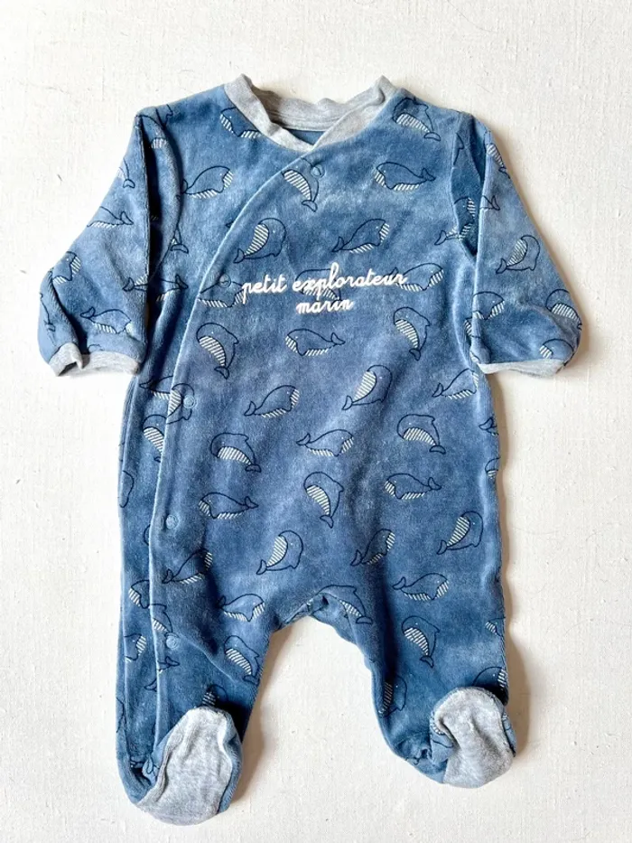Lot 2 pyjamas Obaïbi 3 mois 59 cm – baleines & pingouins - bleu et gris – très bon état - photo numéro 2
