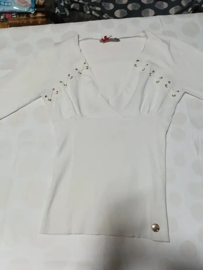 Tee shirt pull fin femme manches longues Morgan taille 36 col en V cintrée à noeud - photo numéro 3