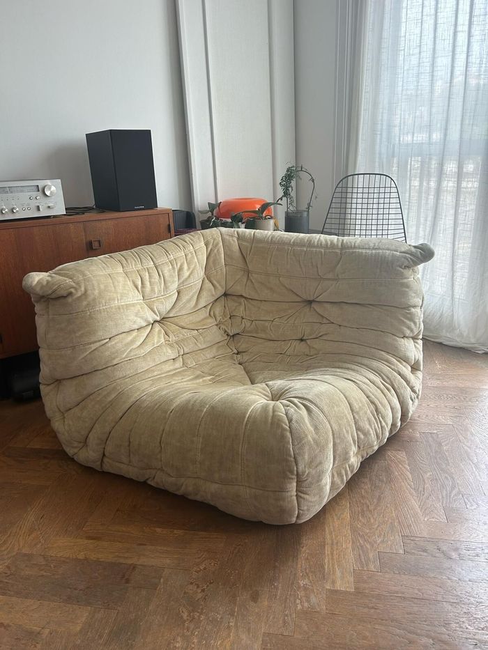 Canapé d’angle TOGO Ligne Roset Michel Ducaroy vintage velours beige 1970 - photo numéro 3