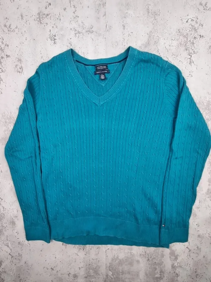 Pull torsadé col V Tommy Hilfiger bleu turquoise, XL Femmes - photo numéro 3