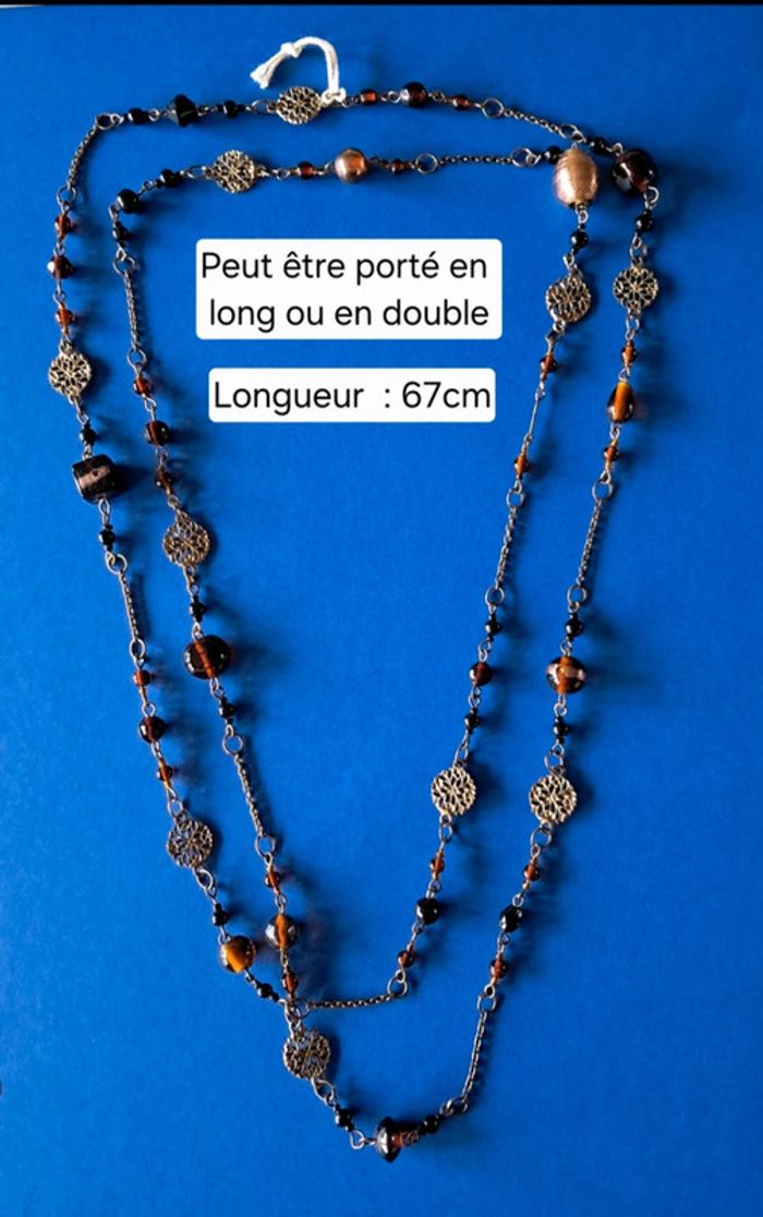 Collier long NEUF chaîne et breloques couleur bronze et doré - photo numéro 2