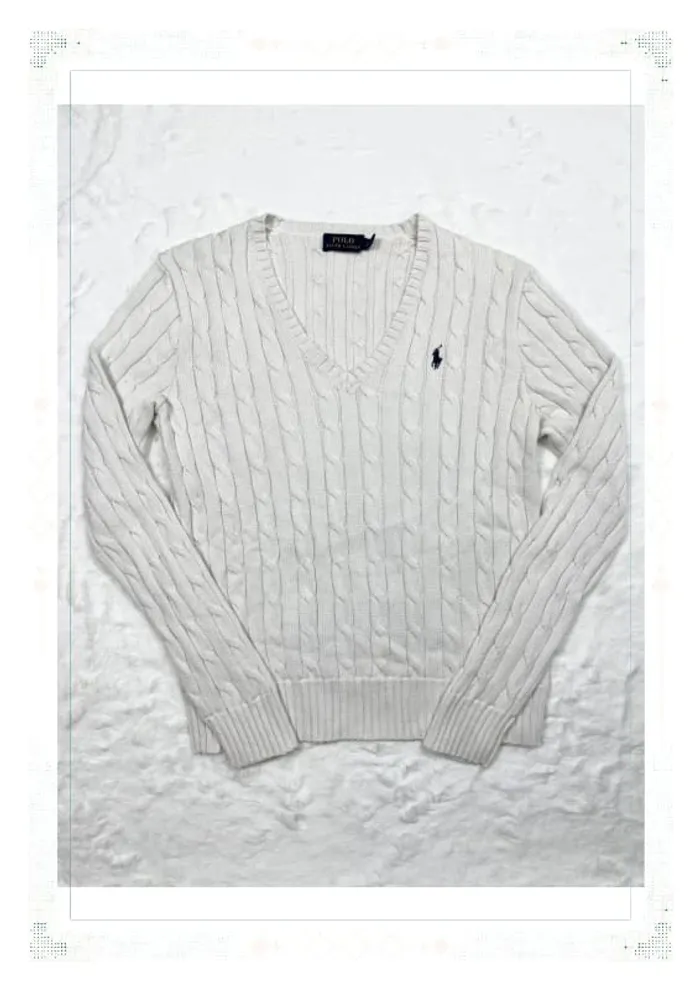 Ralph Lauren pull torsadé blanc femme taille M coton col V - photo numéro 2