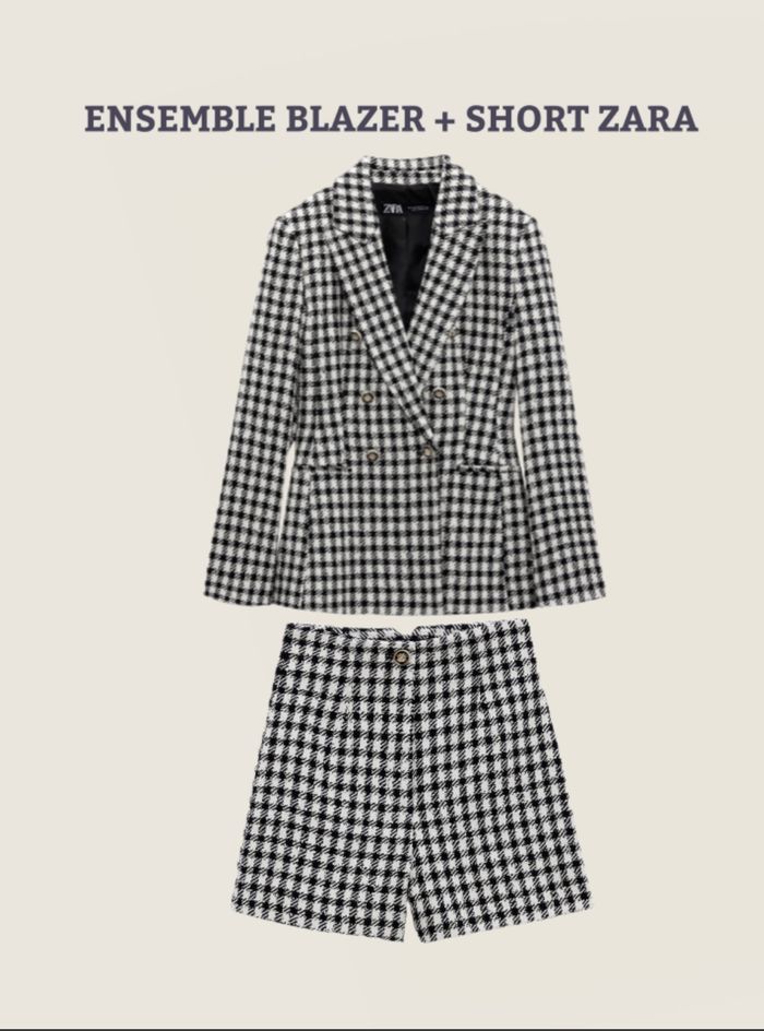 Ensemble chic blazer et short motif carreaux  pied de poule noir et blanc zara taille Xs/34