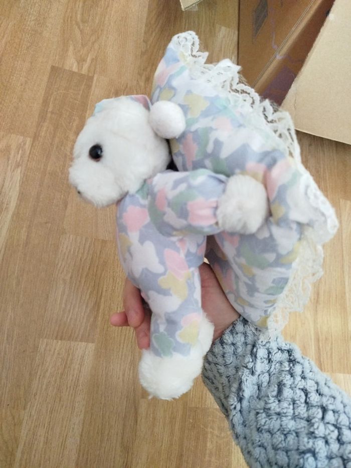 Doudou peluche ours blanc coussin papillon dentelle vintage - photo numéro 6