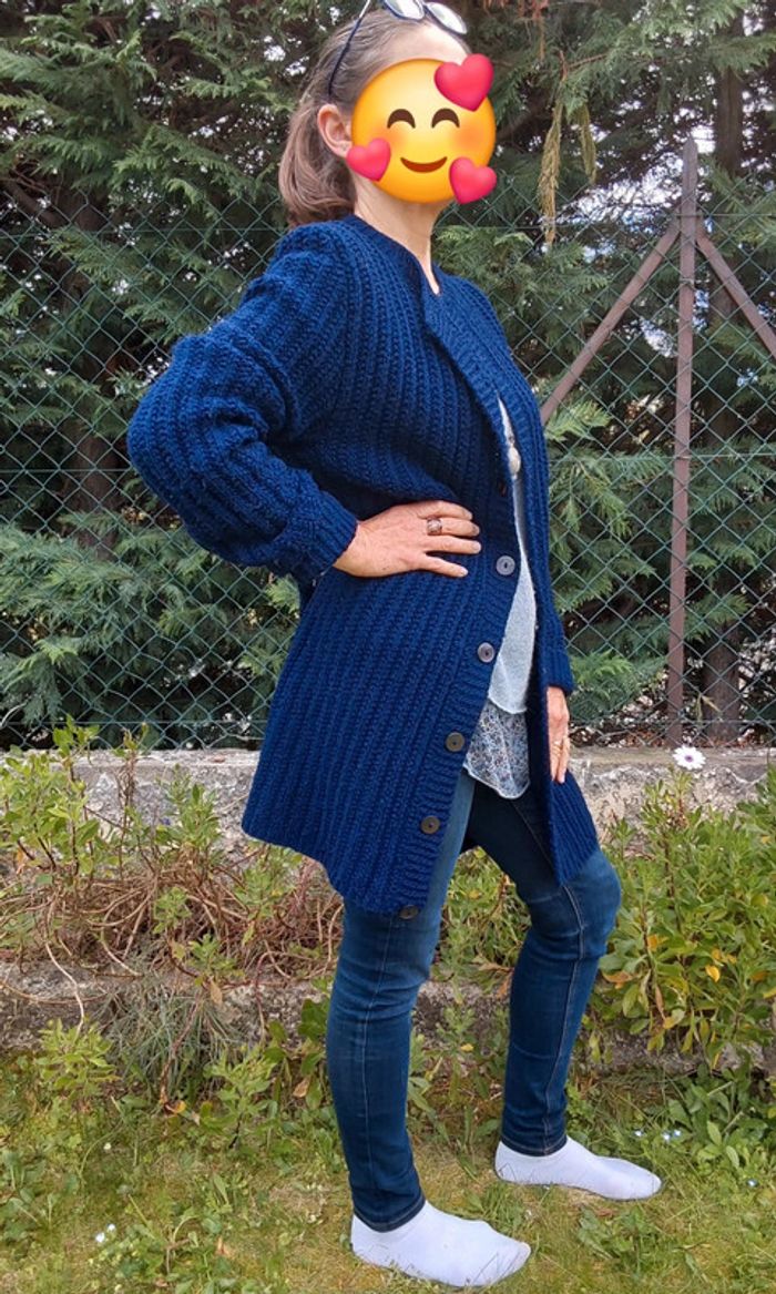 Veste hippie bohème tricoté main bleu marine T 40 - photo numéro 2