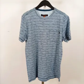 T-shirt Hallinger rayé bleu clair, poche poitrine, coton doux, taille S homme A1240