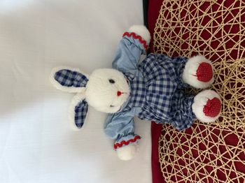 Jacadi grand doudou lapin blanc salopette rayée bleue vintage