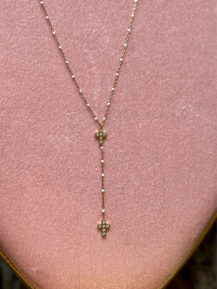 Collier V chapelet réglable acier inoxydable or résine njj la anche 2 croix cristaux