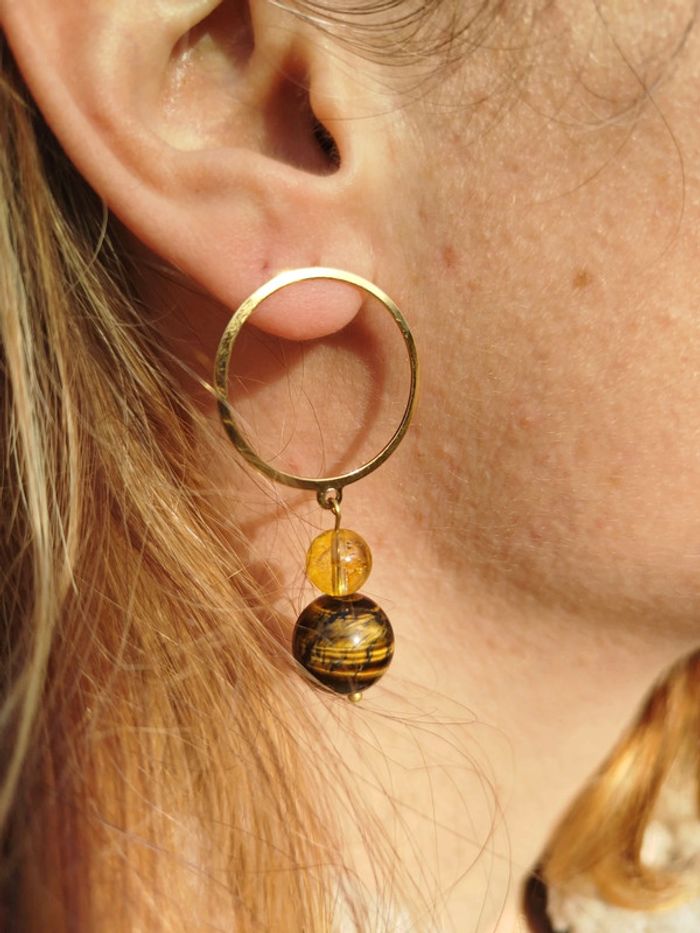 Boucles d'oreilles en Œil de Tigre et de Citrine - photo numéro 2