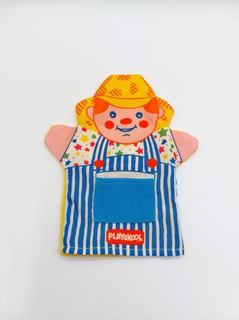 Marionnette Vintage PLAYSKOOL jaune bleu étoile rayures 21 cm (vendu sans tapis)