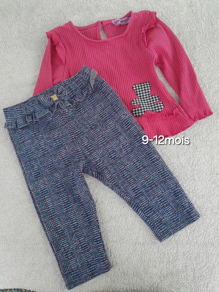 Ensemble 9 12 mois fille pantalon + Tee-shirt rose ours 🐻