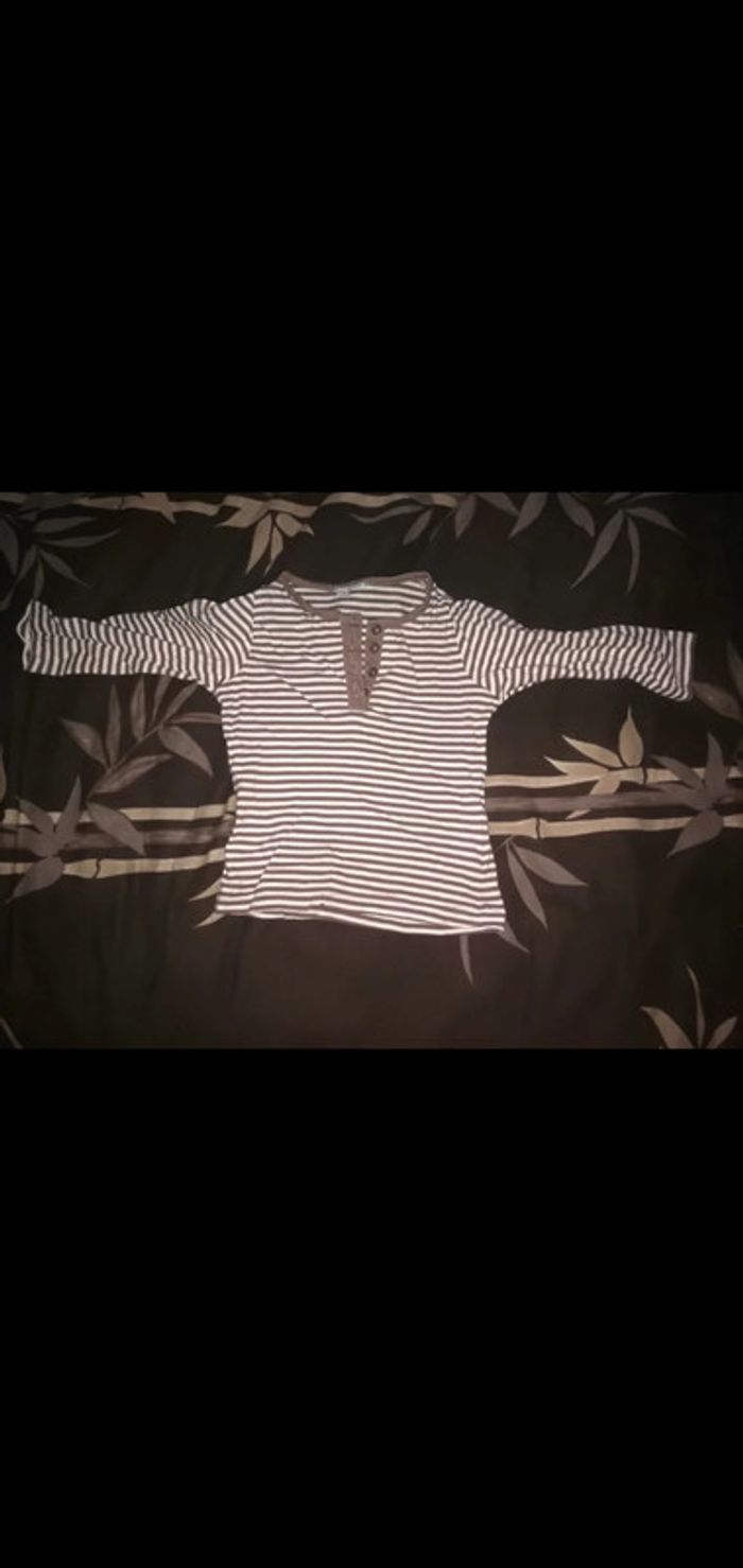 Tee shirt Manches longues rayé Blanc/taupe 12 mois