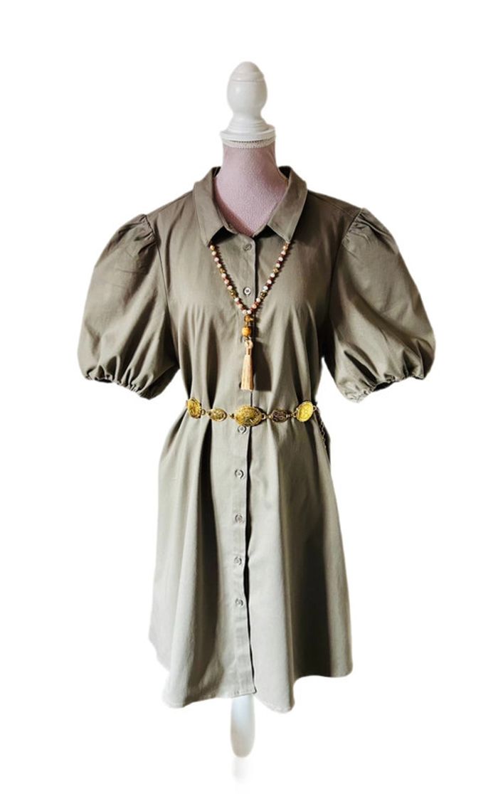 🧡🌿Robe chemise manches bouffantes taille 42 gris taupe chic & décontracté Puff Sleeves short dress🌿🧡 - photo numéro 8