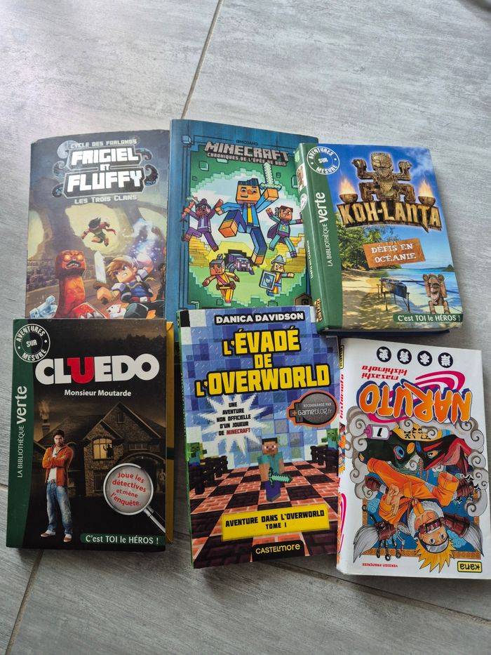 Lot de 6 livres Frigiel  Minecraft cluedoLot de 6 livres de poche 
Frigiel et fluffy
Cluedo 
Minecraft 
Koh-Lanta 
Naruto 
L'évader de lover world 

Très bon état 
10 euros le lot