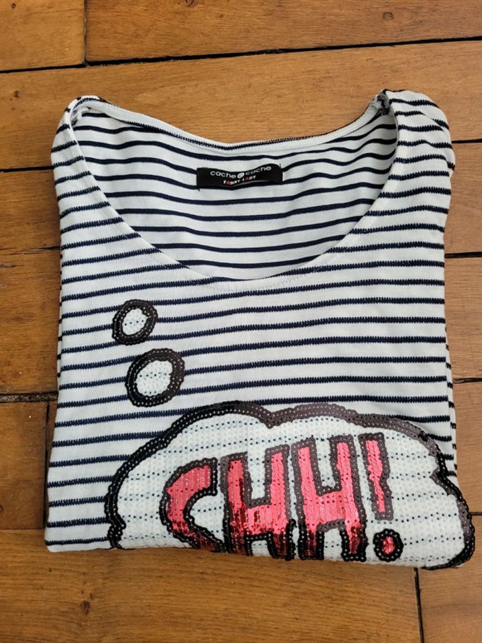 T-shirts marinière manches 3/4 - Cache Cache - Taille 1 - Sequins et détails argentés - photo numéro 7