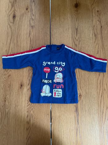 T-shirt Bleu Manches Longues Thème Voiture Bébé 6 Mois Très Bon État – Réduction sur Lot