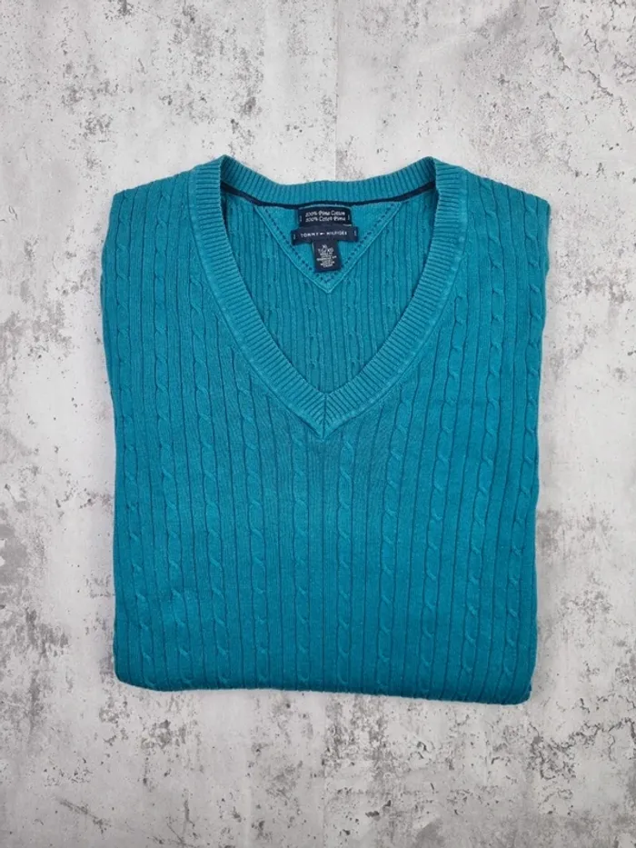 Pull torsadé col V Tommy Hilfiger bleu turquoise, XL Femmes - photo numéro 2