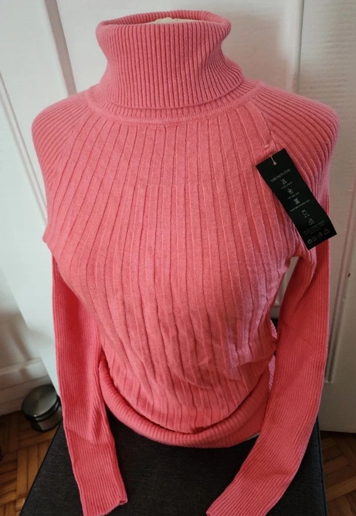Pull col roulé coton rose - photo numéro 2
