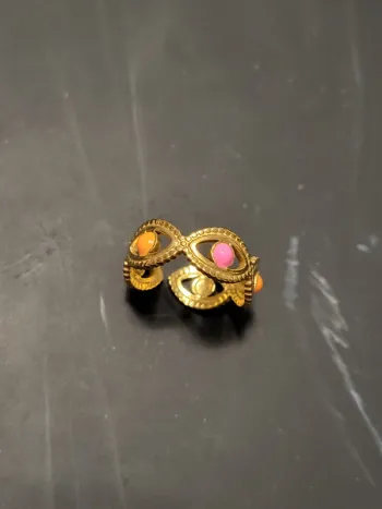 Bague ajustable acier inoxydable ovale et point rose et orange