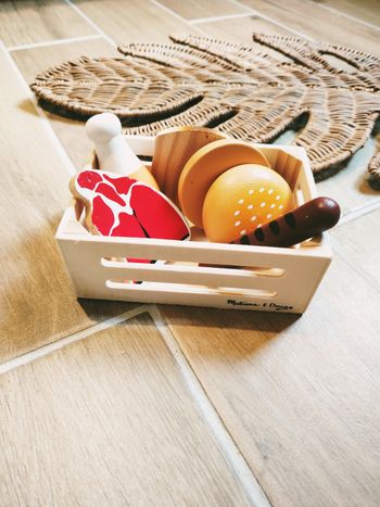 🍗Dinette en bois cagette avec divers aliments hamburger poulet.. marque Melissa et Doug