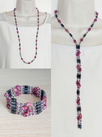 Collier / bracelet magnétique perle violet rose  - 89cm