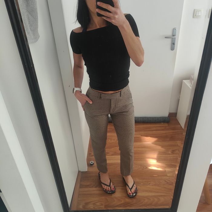 Pantalon coupe droite en tweed motif pied de poule