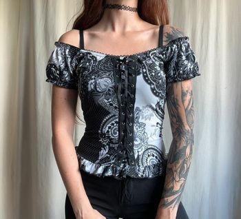 Top vintage à lacets y2k Dark Coquette Goth off shoulders - Taille M/L