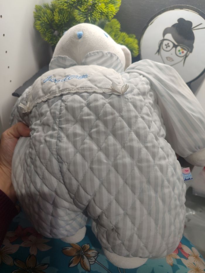 Doudou Lapin rayé bleu coussin Sucre d'orge range pyjama peluche ancien blanc - photo numéro 5