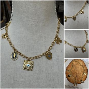 Collier mailles larges réglable  breloques cœurs  œil médailles poisson  acier inoxydable or