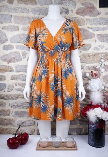 Robe rayon de soleil tropical orangé et multicolore Femme taille 54 marque Boohoo 🌺 