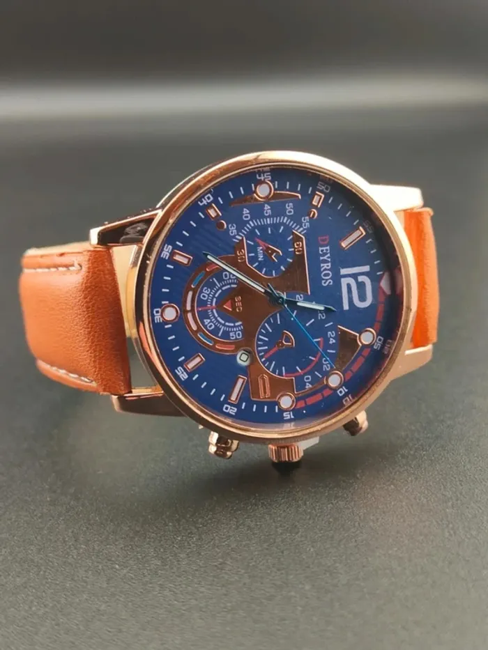 Montre marron orangé, sport, cadran bleu, bracelet - photo numéro 3