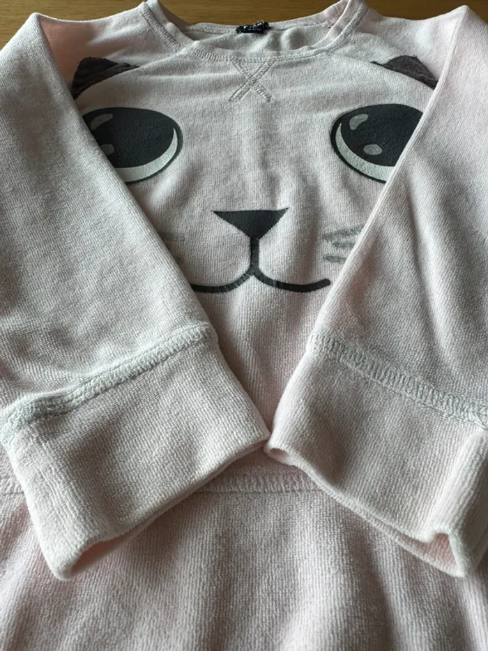 Pyjama 2 pièces en velours à ML haut rose pâle et tête de chat, bas gris - Taille 4 Ans - photo numéro 6