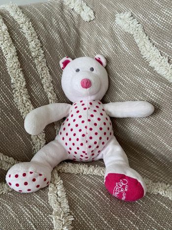 Peluche doudou 28cm marese ours blanc rose et violet à pois très bon état