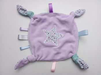 Doudou mouchoir fille  unique, motif étoile, mauve, vert eau, bleu ciel