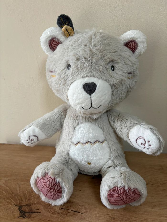 Doudou peluche ours indien gris blanc assis  sauthon - photo numéro 2