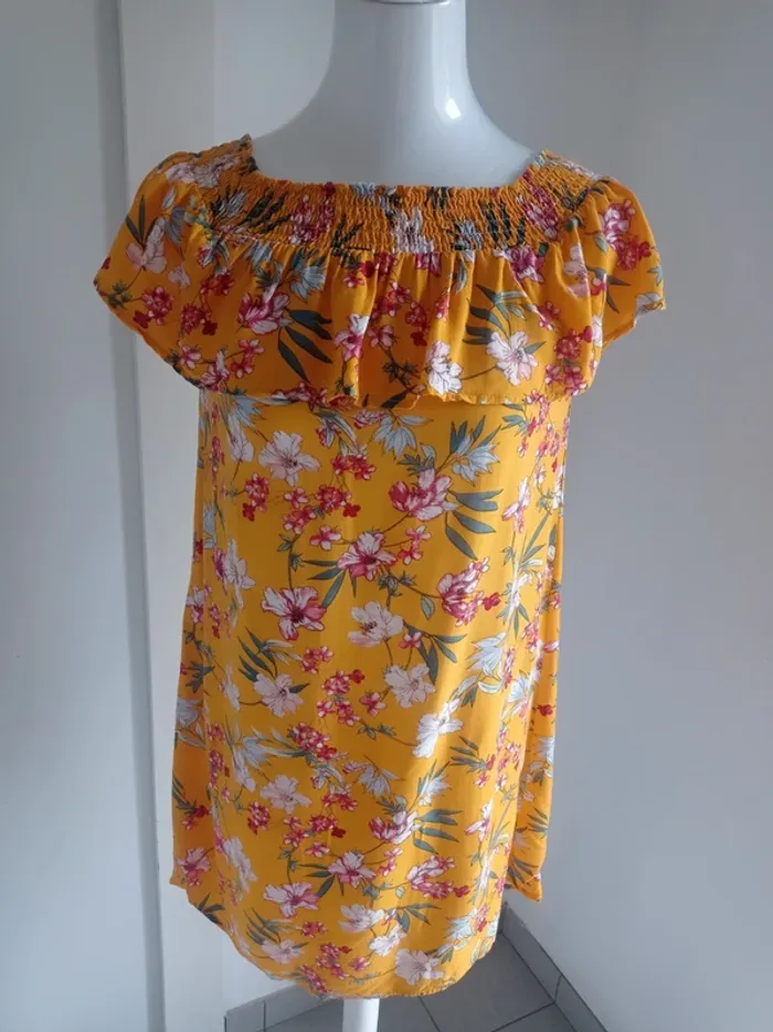 Robe jaune imprimé fantaisie fleurs épaules dénudées ou non T.S Pimkie - photo numéro 3